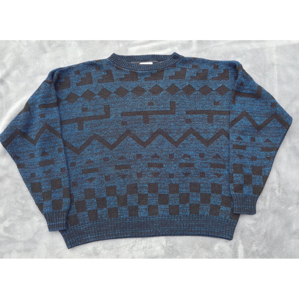 Upper‎ Body Mens Vintage Geometric Knit Sweater M Blue Black Abstract Pattern